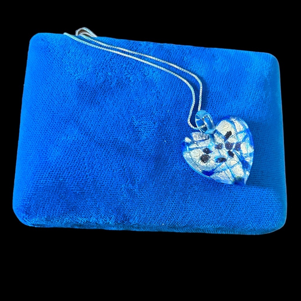 Sterling Silver Murano Heart Necklace/Murano Glass Heart Pendant Necklace